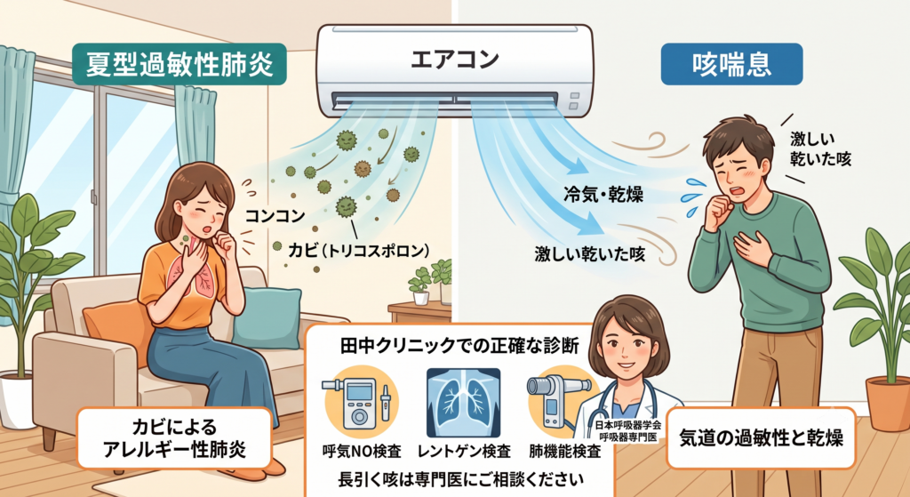 エアコンによる「夏型過敏性肺炎」と「咳喘息」の違いを解説する図解イラスト。カビや冷気で咳き込む患者の様子と、呼気NO検査・レントゲン・肺機能検査で正確な診断を行う田中クリニックの女性呼吸器専門医が描かれている。